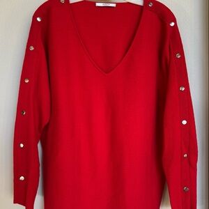 Stylish Red V-Neck Sweater with Button Details